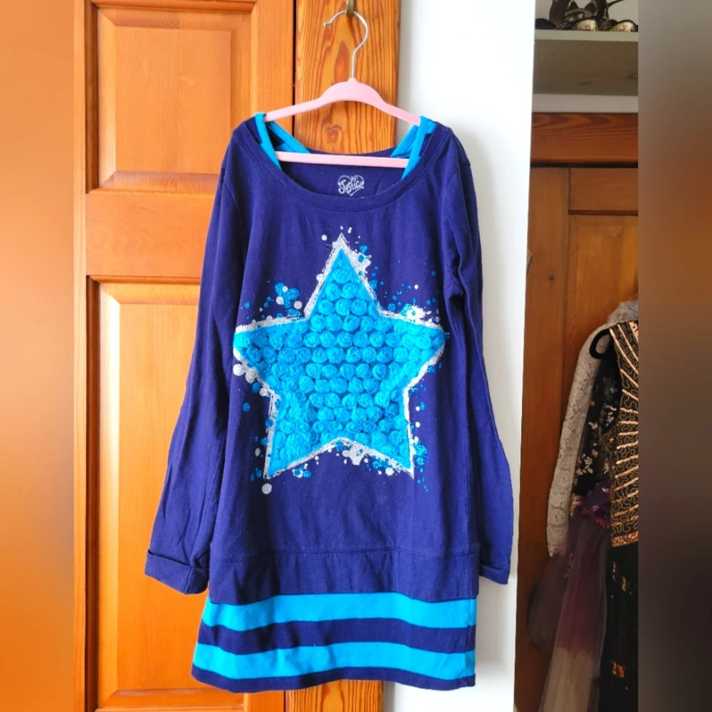 Justice Blue Star Long Sleeve Long Tunic Top Navy Turquise Rosettes 10